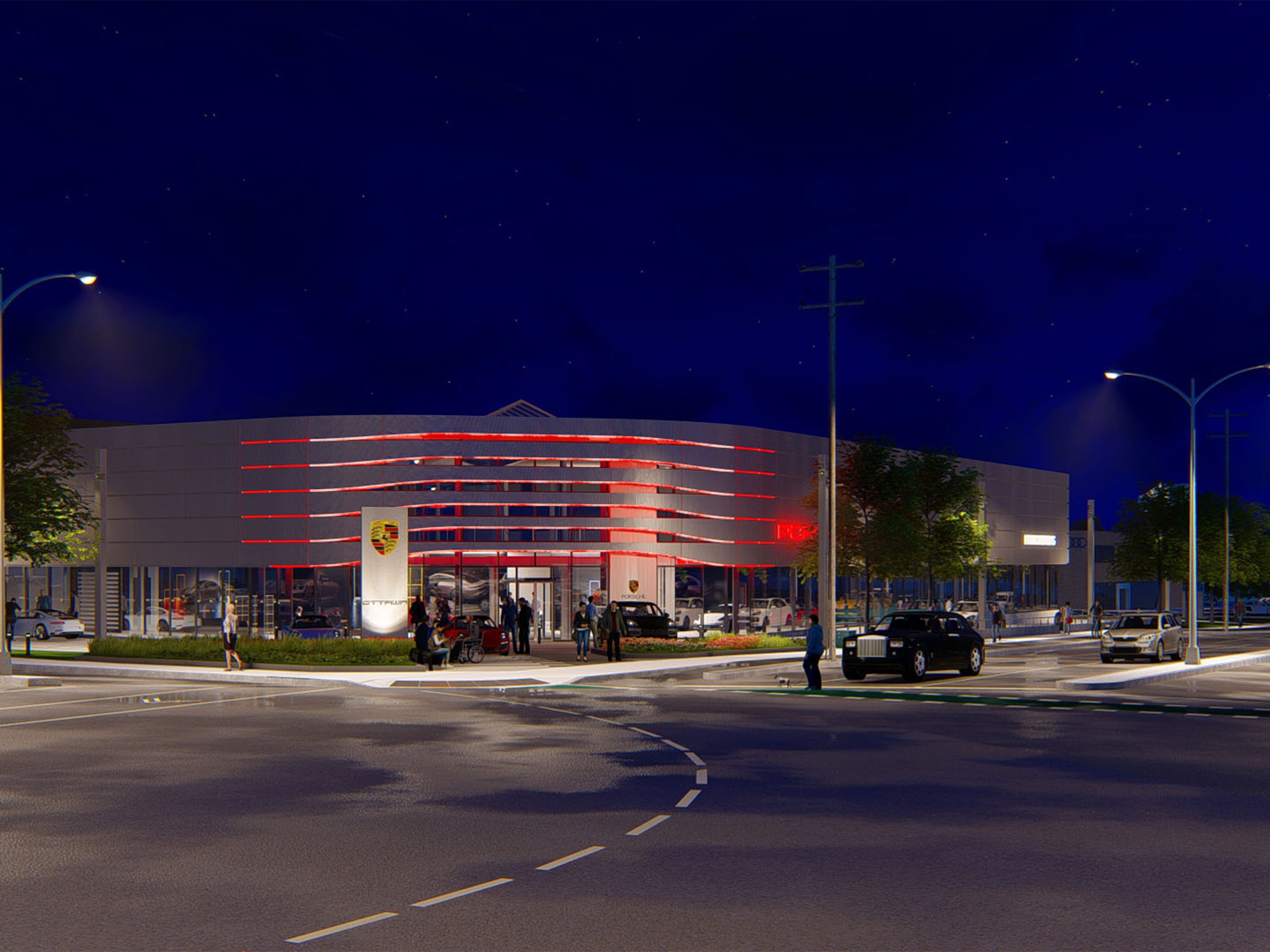 New Mark Motors Porsche Destination Centre at night
