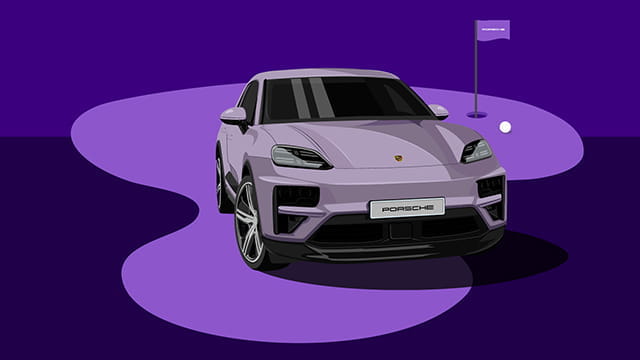 Porsche Golf Cup 2025 Keyvisual in lila mit Fahrzeugskizze